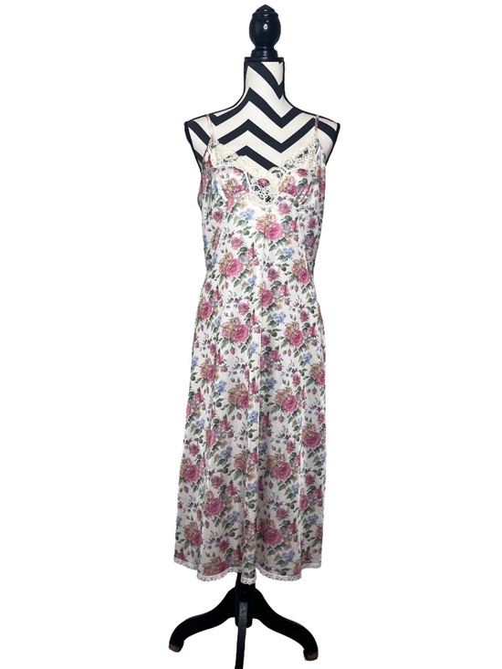 Vintage Dresses & Skirts - Y2K Fairycore Floral Lace Trim Cottagecore Satin Midi Slip Dress Sz S